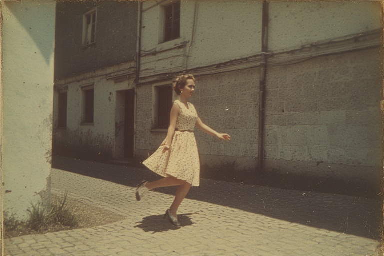 foto anni 50 di una ragazza nelle vie del quartiere con un vestito bianco